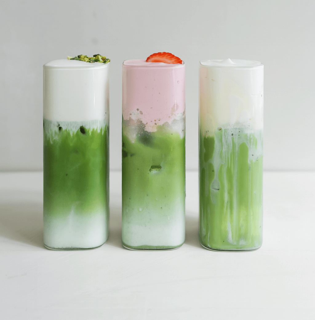3 iced matchas met aardbei, pistache en foam