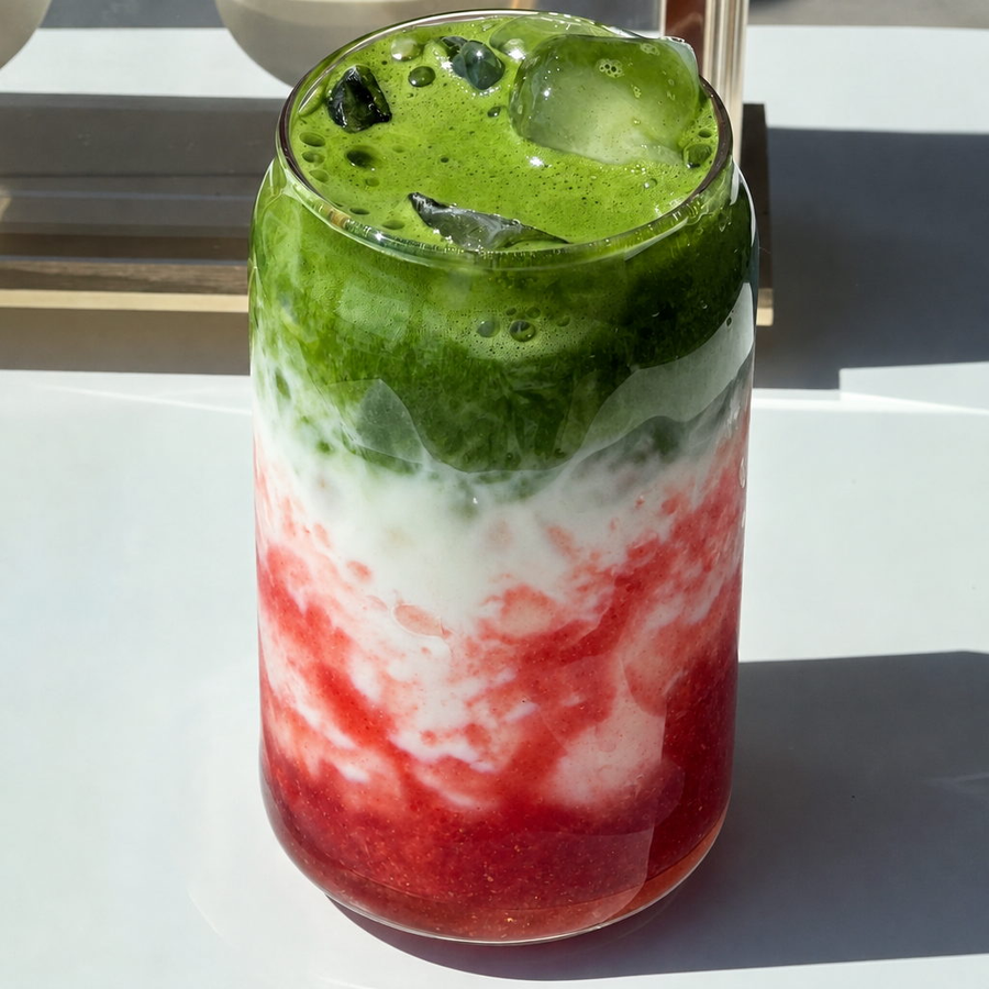 Strawberry matcha latte in een hoog glas met een laag aardbeienmoes onderin, melk en een groene matchalaag bovenop
