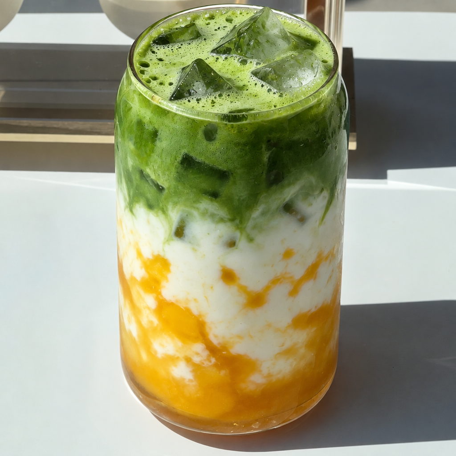 Mango matcha latte in een hoog glas met een oranje laag mangopuree onderin en een groene matchalaag bovenop