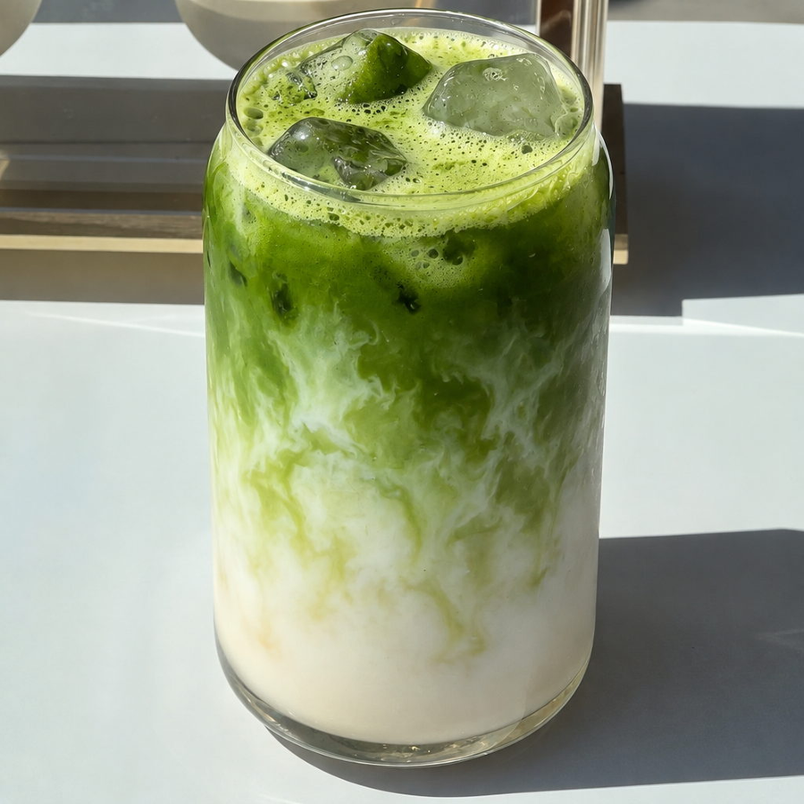 Vanilla iced matcha latte in een hoog glas met ijsblokjes, melk en een groene matchalaag bovenop